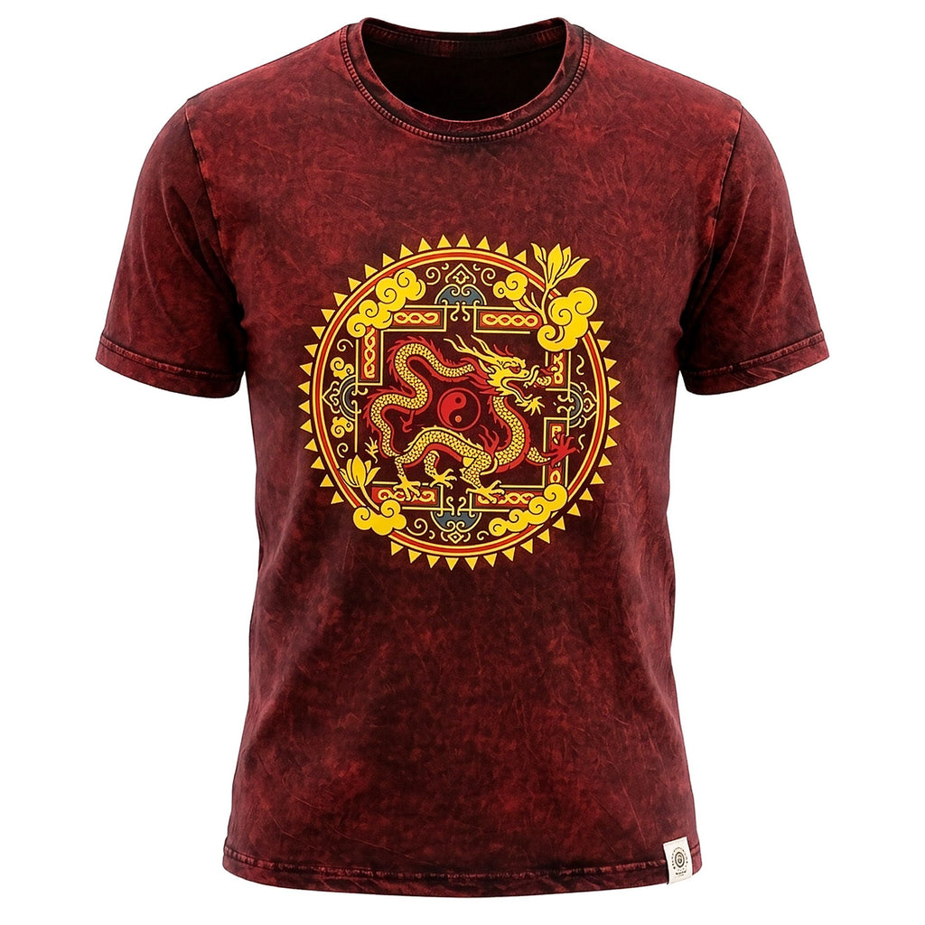 Nomad Sari Stonewashed Cotton T-Shirt | Dragon Mandala | Maroon | XL