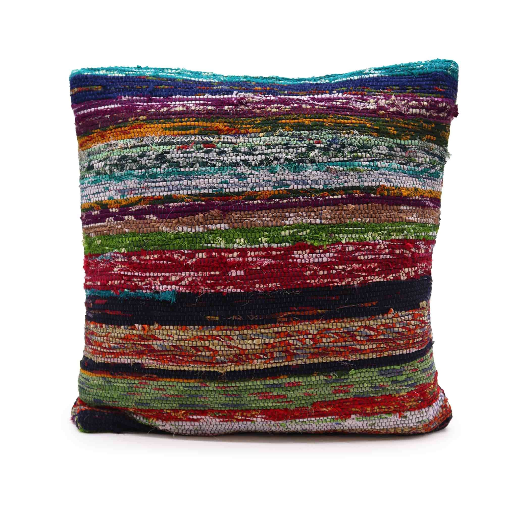 Aqua Blues Rag Rug Cushion Cover | Recycled Cotton | Handmade in India