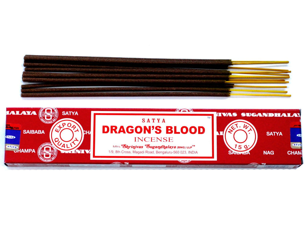 Satya Dragon's Blood incense sticks with packaging on a white background