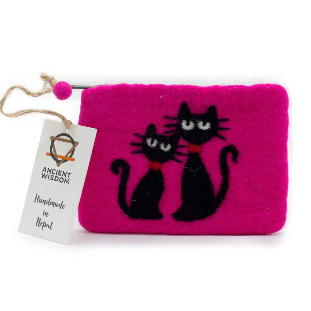 Two Cats Felt Zipper Pouch | Handmade Wool Pouch from Nepal