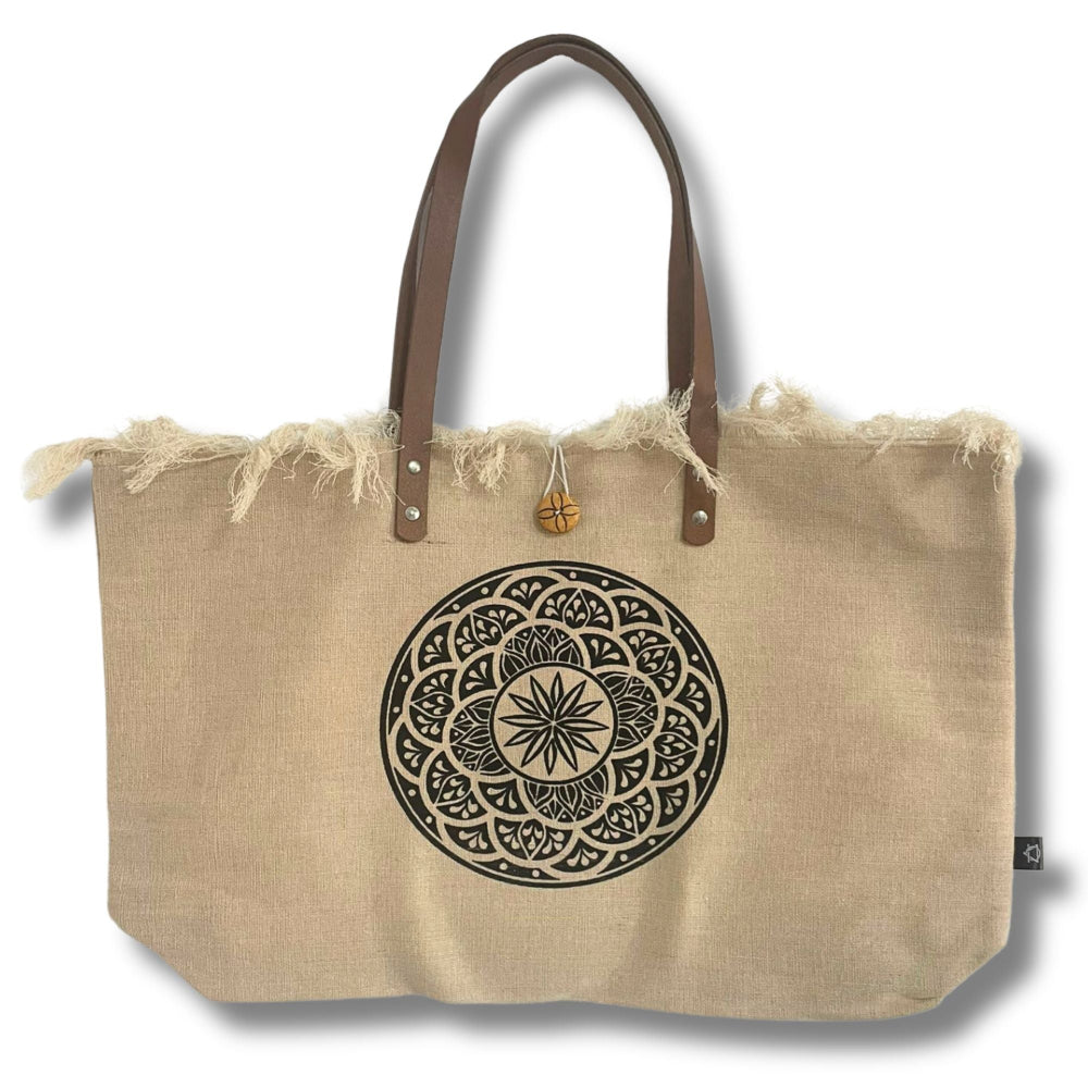 Mandala Natural Tote Bag Leather Handle