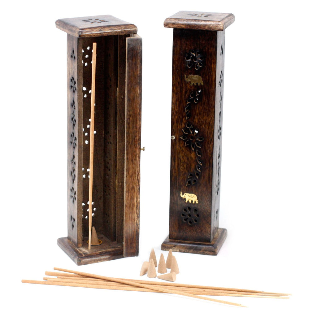 Mango Wood Brass Inlay Square Incense Tower