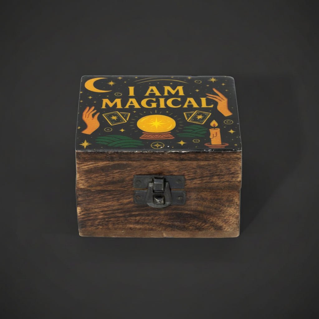 Wooden box with 'I AM MAGICAL' text and magical design on a white background