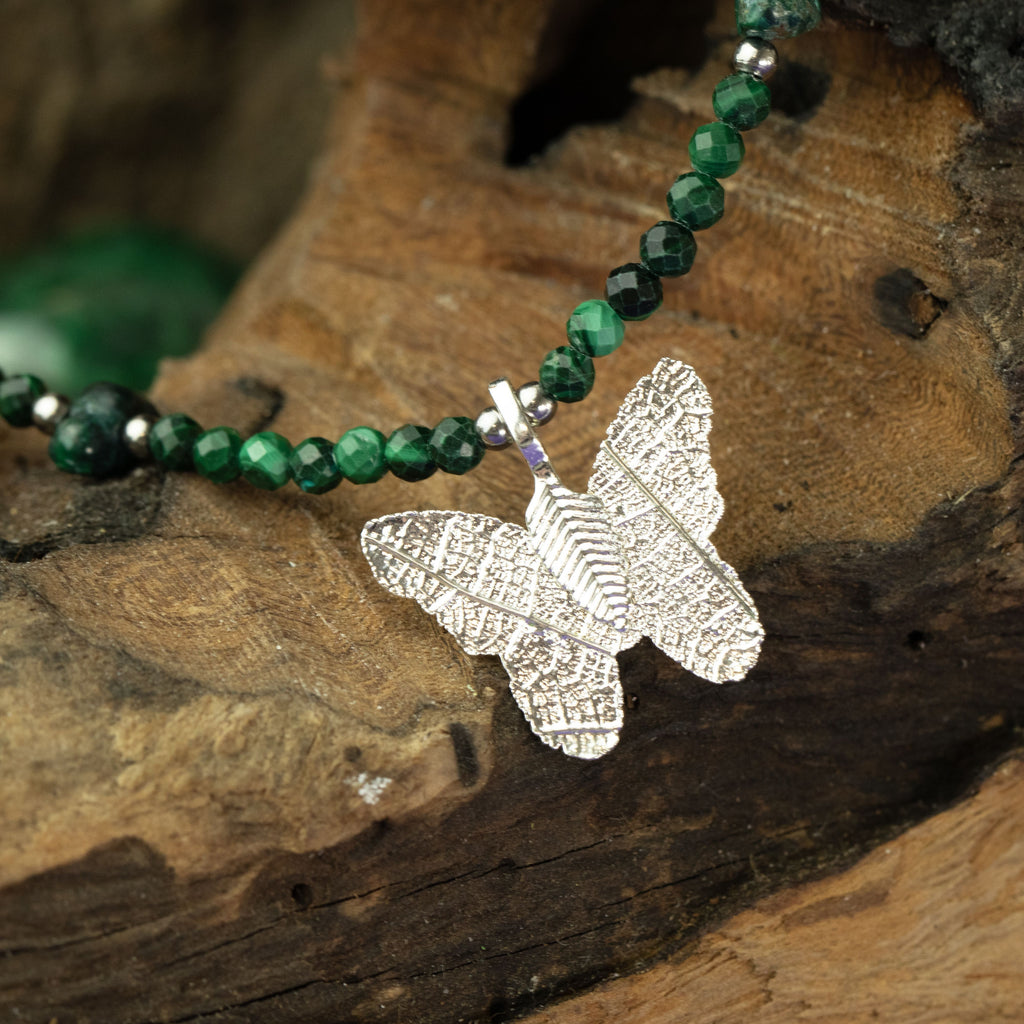 Nymph Malachite Gemstone Necklace | Real Leaf Butterfly Pendant