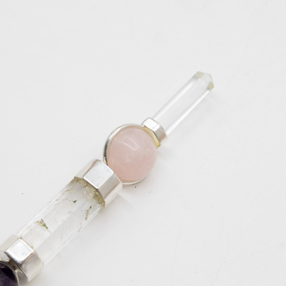 Axis of Grace Wand - Amethyst & Rose Quartz Spheres, Quartz Stem - 12cm