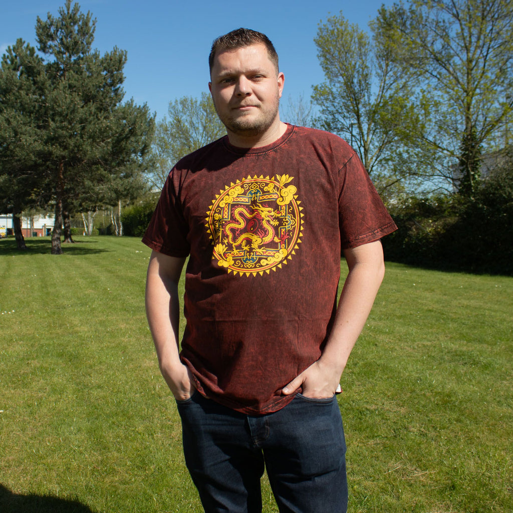 Nomad Sari Stonewashed Cotton T-Shirt | Dragon Mandala | Maroon | XL