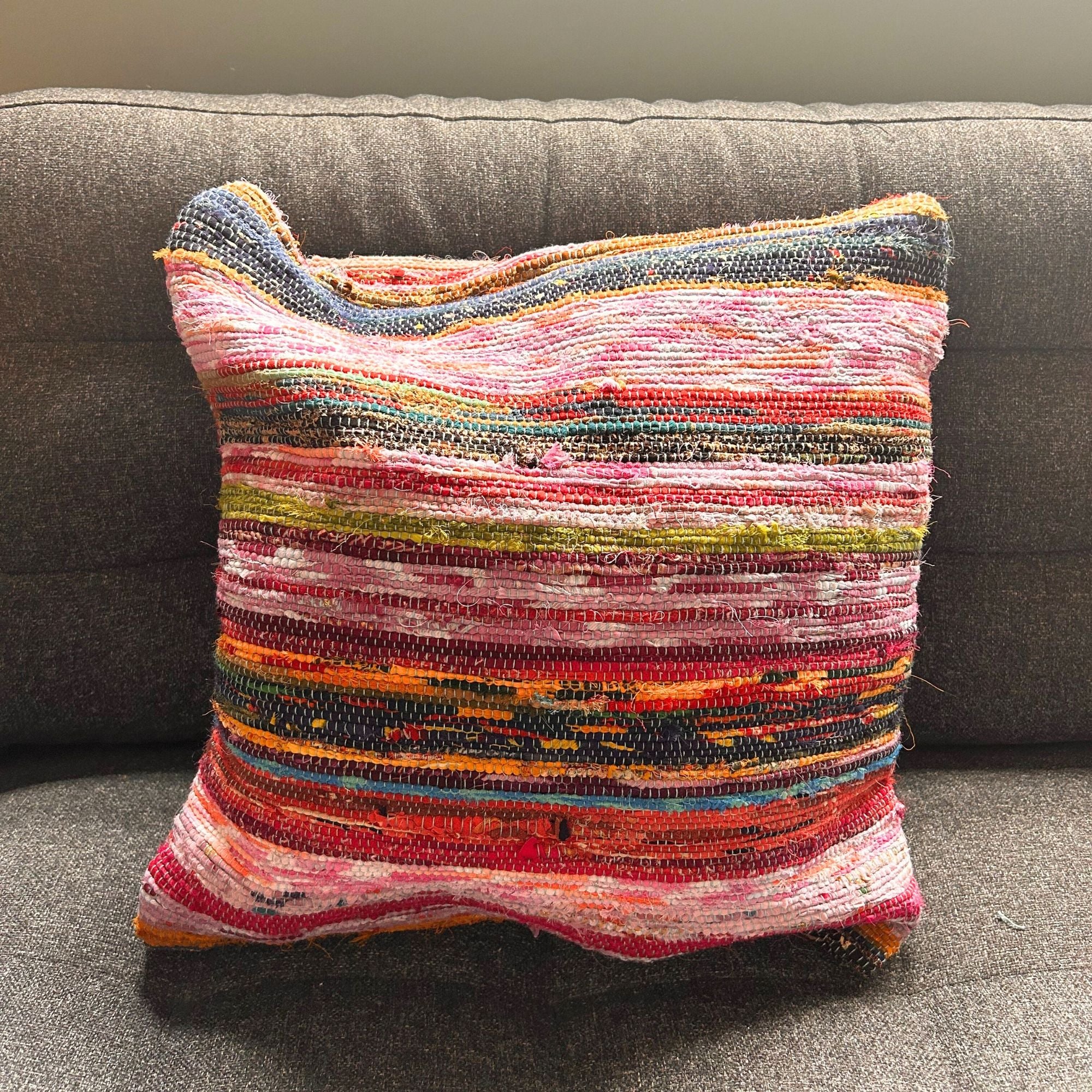 Aqua Blues Rag Rug Cushion Cover | Recycled Cotton | Handmade in India