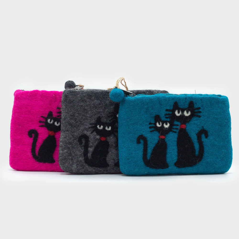 Two Cats Felt Zipper Pouch | Handmade Wool Pouch from Nepal