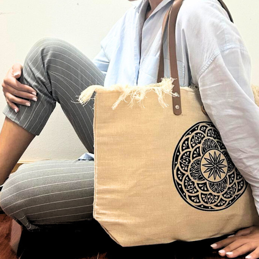 Mandala Natural Tote Bag Leather Handle