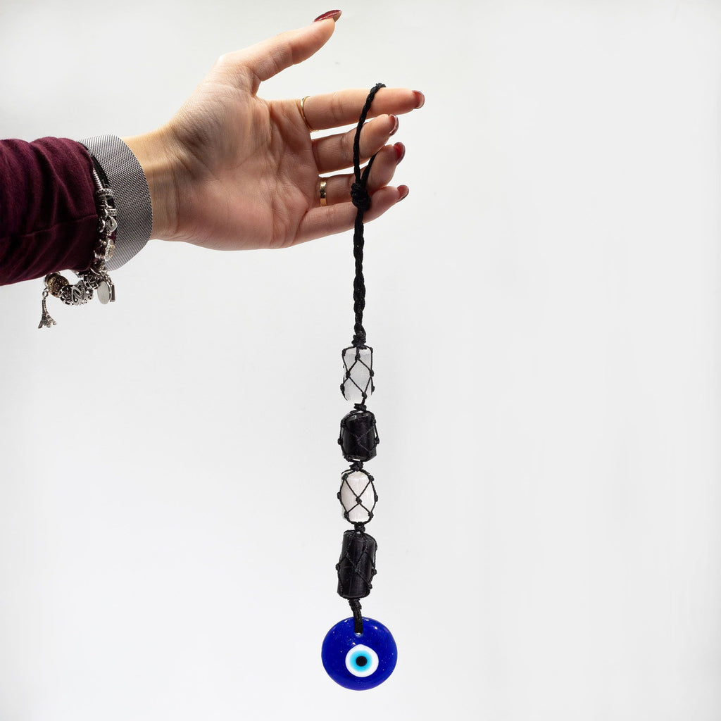 Evil Eye Black Tourmaline & Selenite Tumble Hanging Stone Pendant