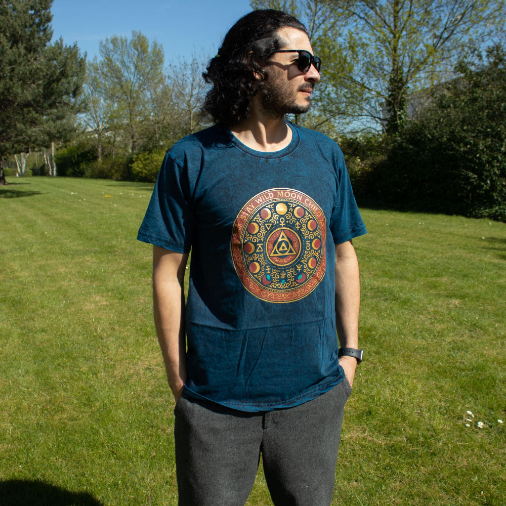 Nomad Sari Stonewashed Cotton T-Shirt | Stay Wild Moon Child | Blue | Medium