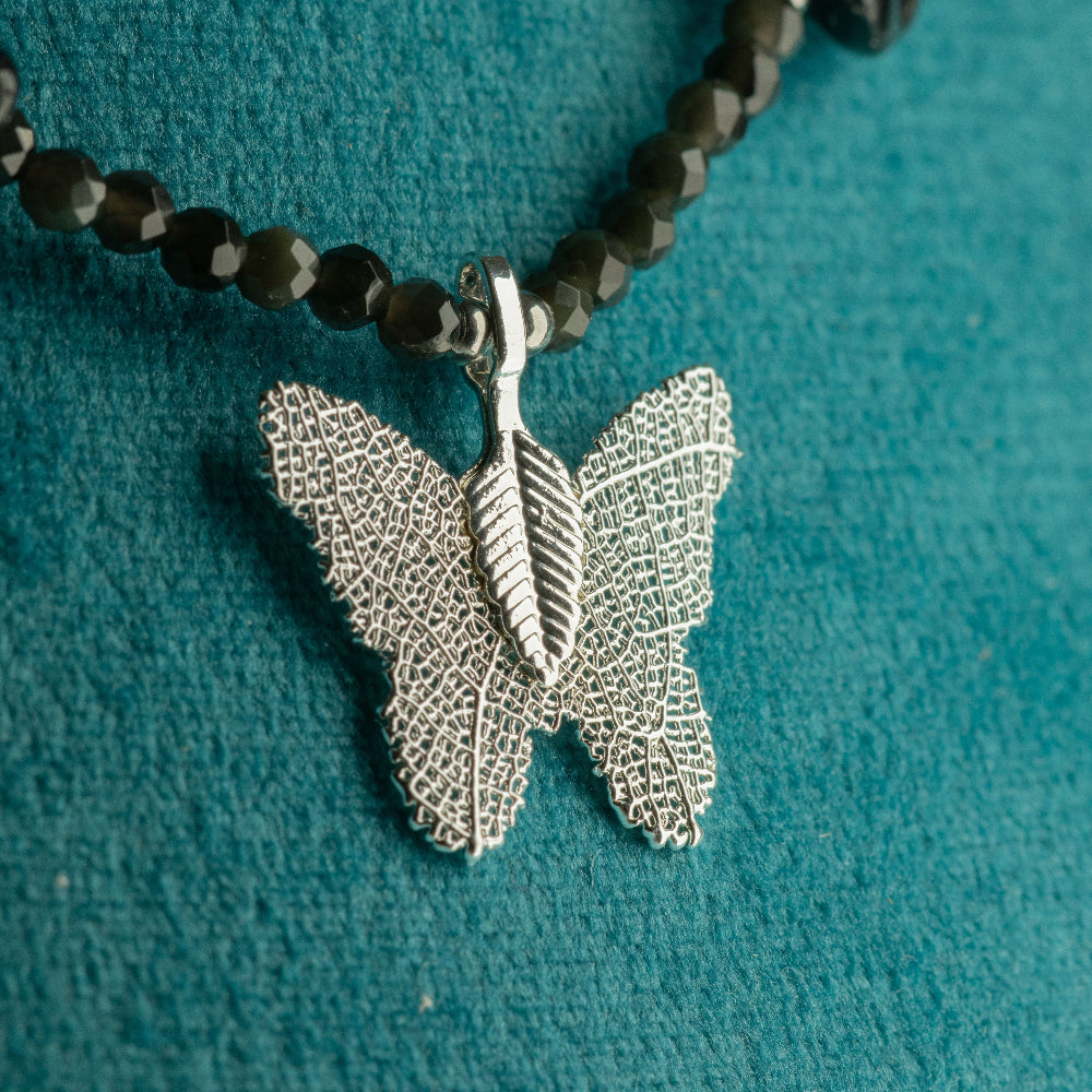 Nymph Black Obsidian Gemstone Necklace | Real Leaf Butterfly Pendant