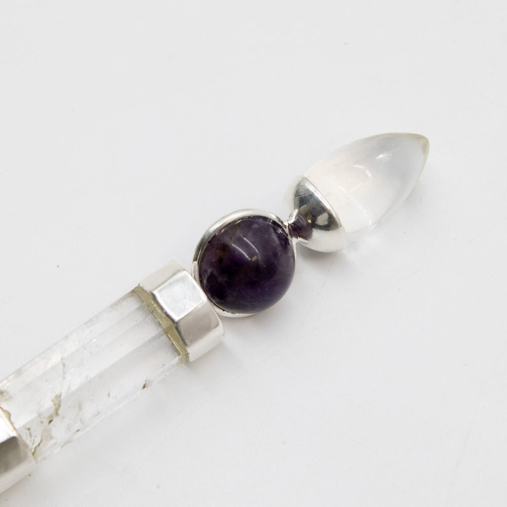 Axis of Grace Wand - Amethyst & Rose Quartz Spheres, Quartz Stem - 12cm