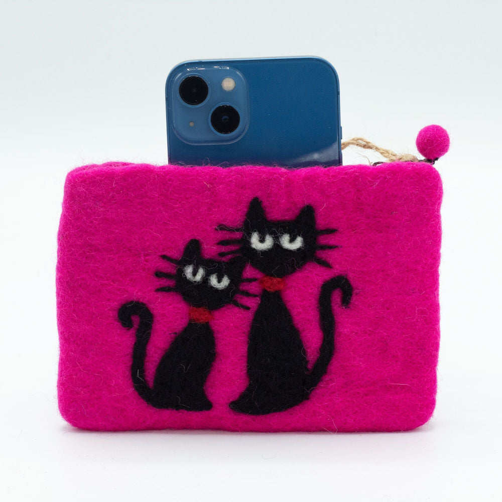 Two Cats Felt Zipper Pouch | Handmade Wool Pouch from Nepal