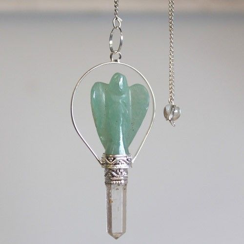 Green Aventurine Angel Pendulum | Carved Angel with Silver-Tone Ring