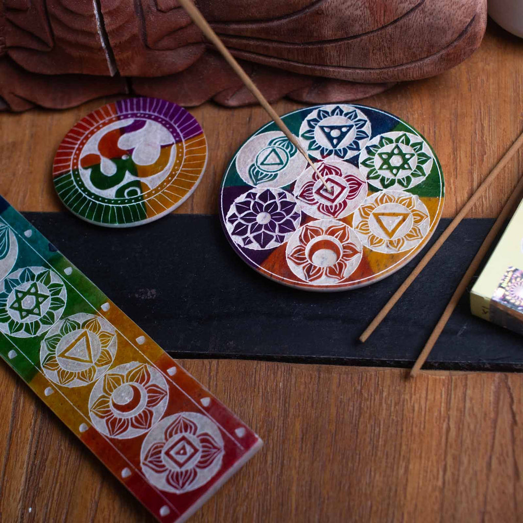 Seven Chakra Soapstone Disc Incense Cone Holder 10cm