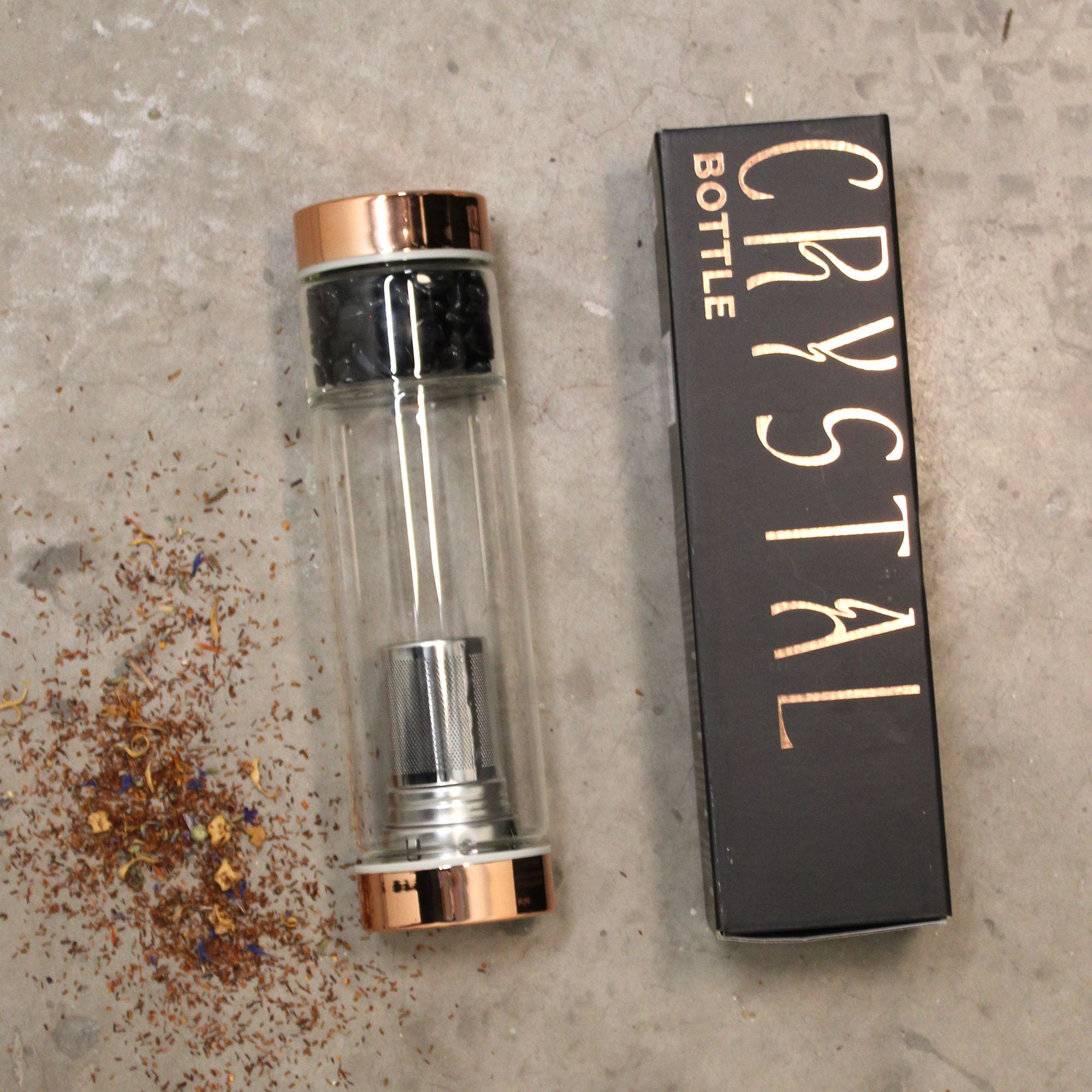 Rose Quartz Crystal Glass Tea Infuser Bottle | Rose Gold | 500ml