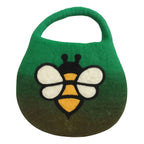 Green bag with a bee design on a white background