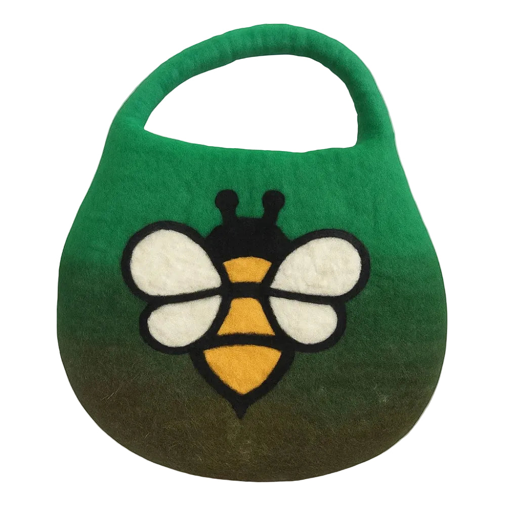 Green bag with a bee design on a white background