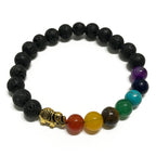Black beaded bracelet with a gold elephant charm and colorful beads on a white background