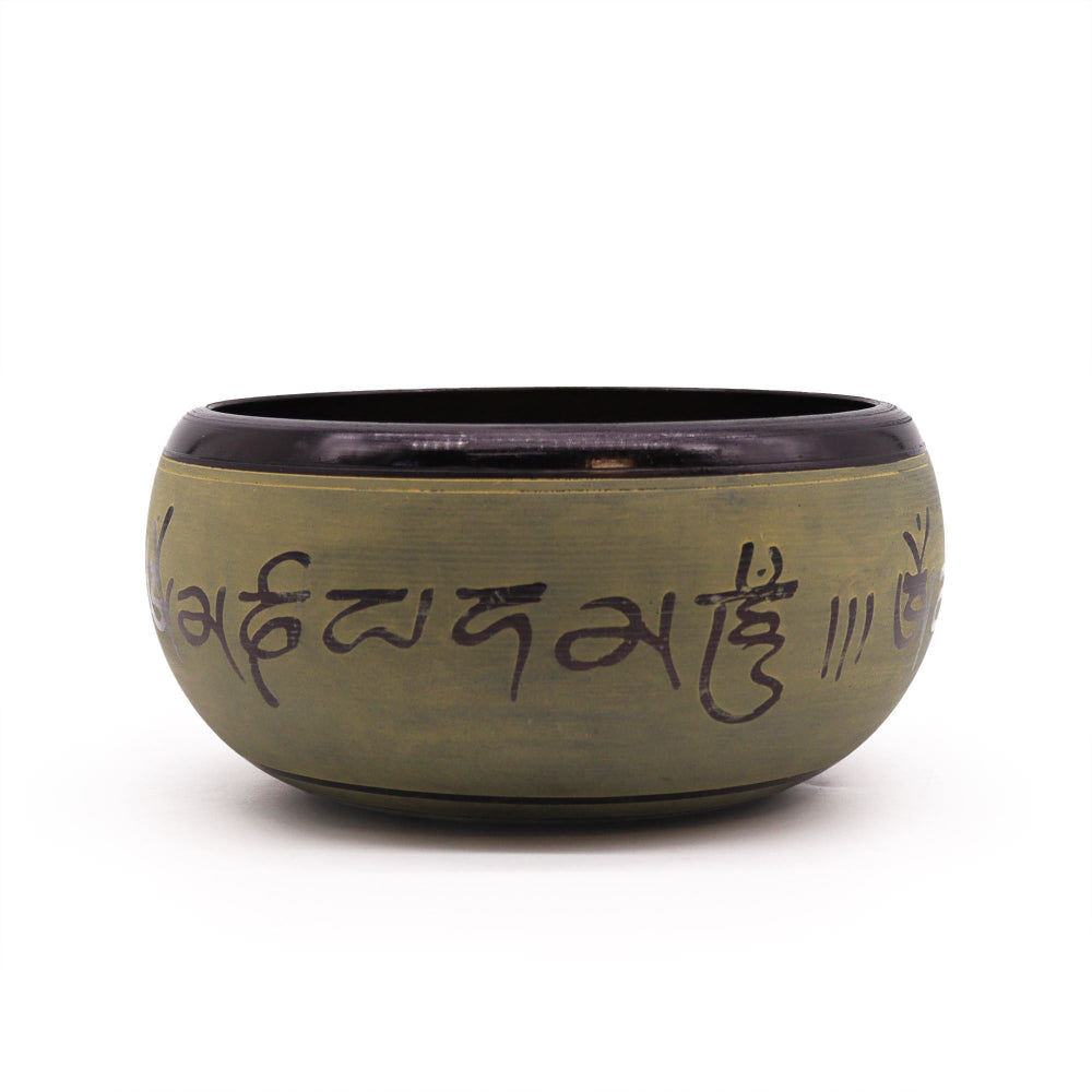 Green ceramic bowl with black interior and text on a white background