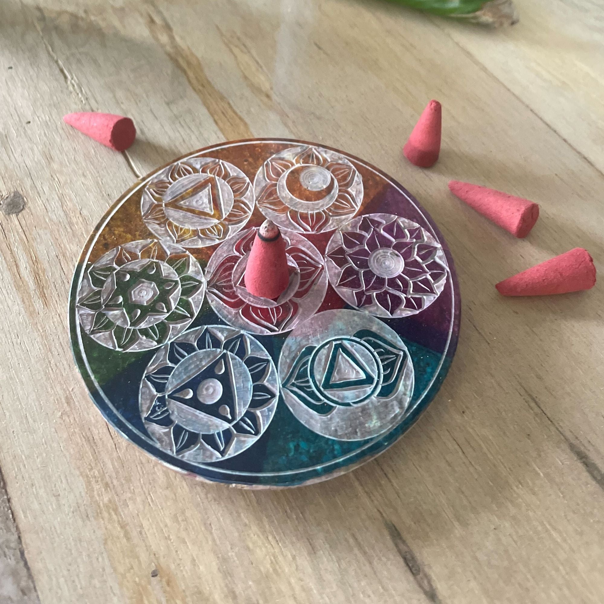 Seven Chakra Soapstone Disc Incense Cone Holder 10cm