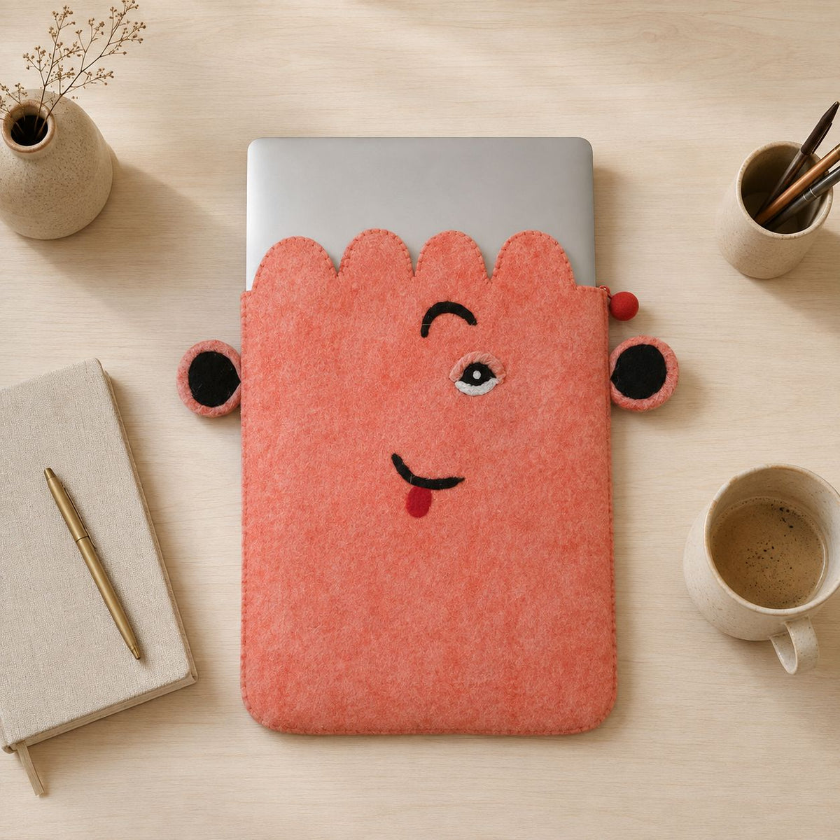 Pink Cute Face Felt Laptop Pouch (up to 14")