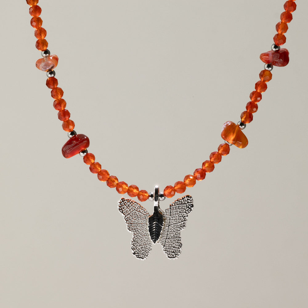 Nymph Ruby Gemstone Necklace with Real Leaf Butterfly Pendant