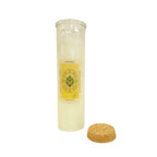 Candle in a glass jar with a cork lid on a white background