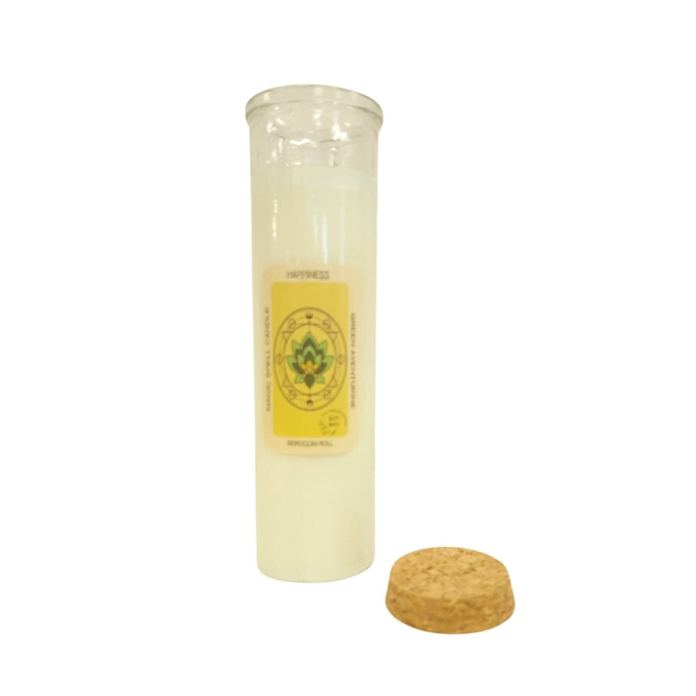 Candle in a glass jar with a cork lid on a white background
