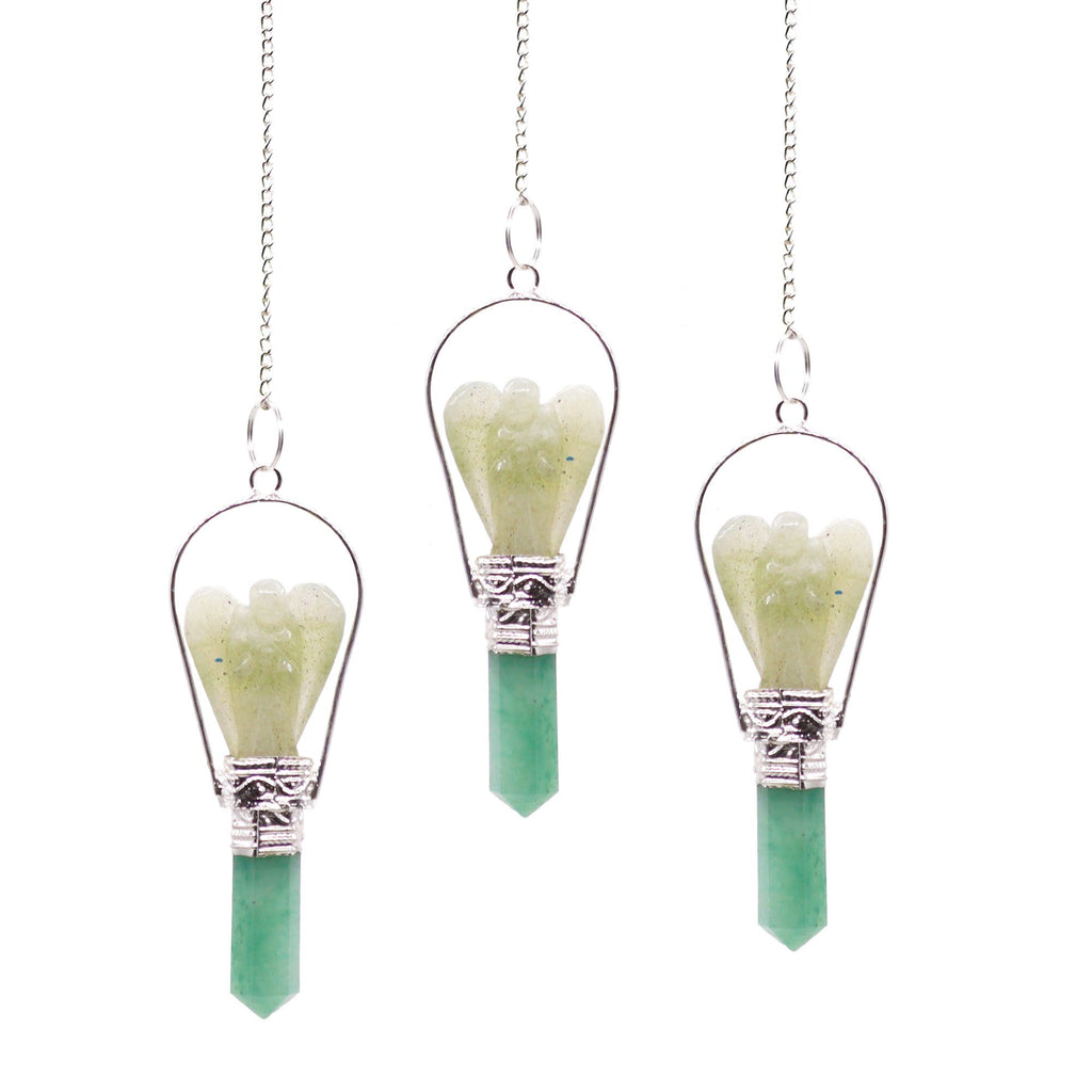 Green Aventurine Angel Pendulum | Carved Angel with Silver-Tone Ring