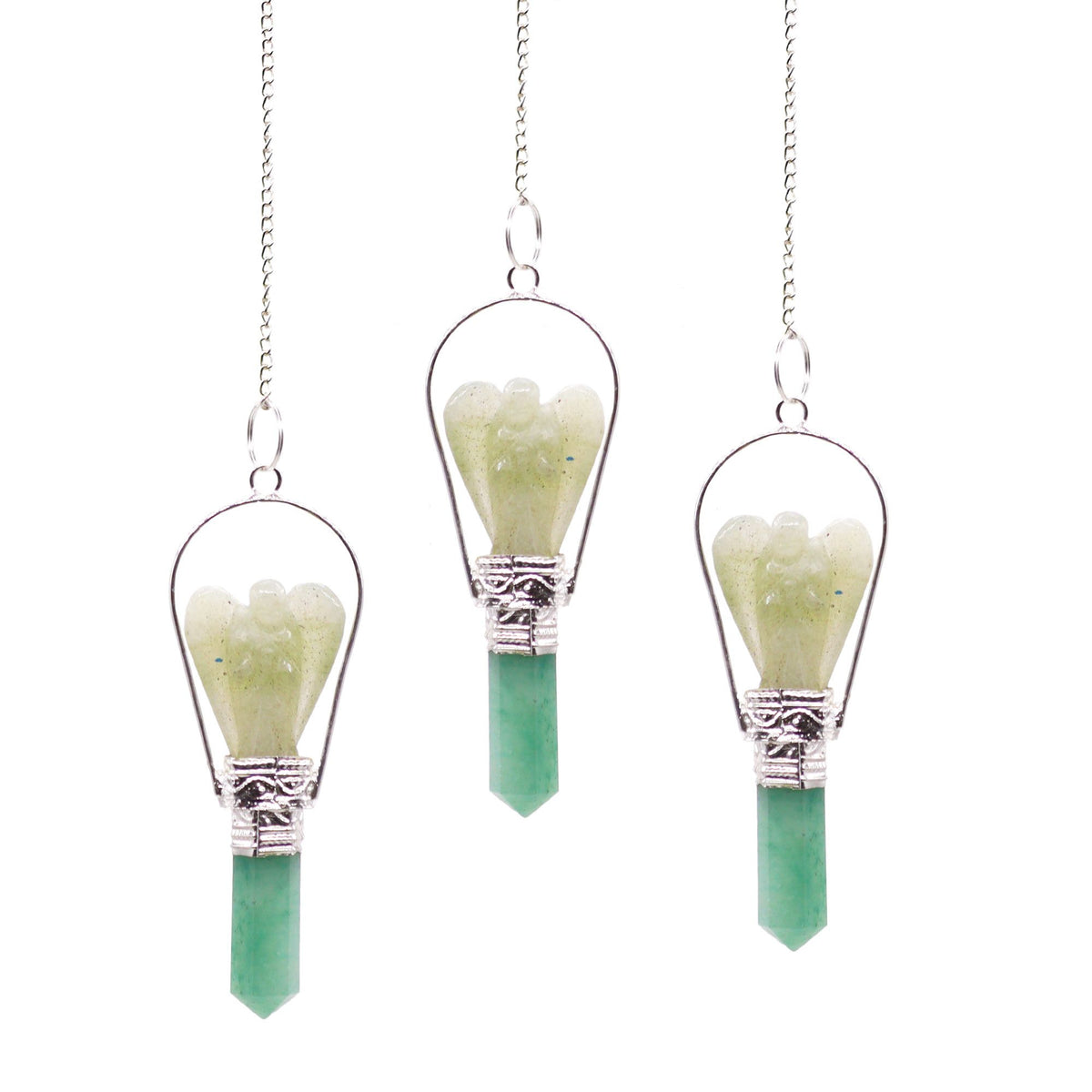 Green Aventurine Angel Pendulum | Carved Angel with Silver-Tone Ring