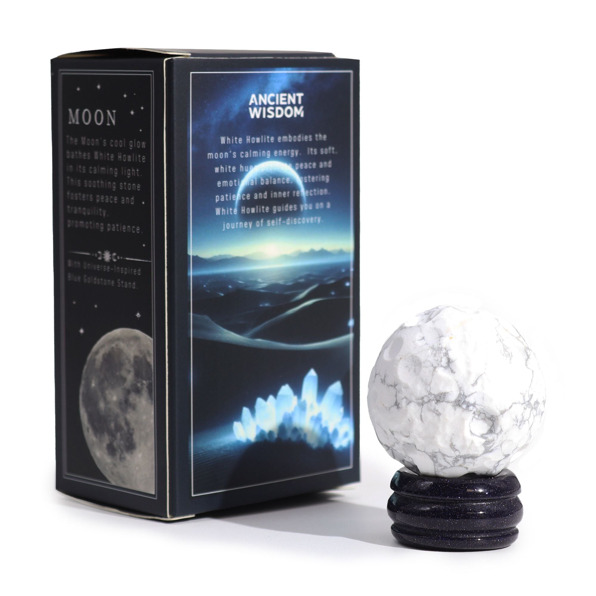 White Howlite Gemstone Planet | Moon | Solar Goldstone Stand