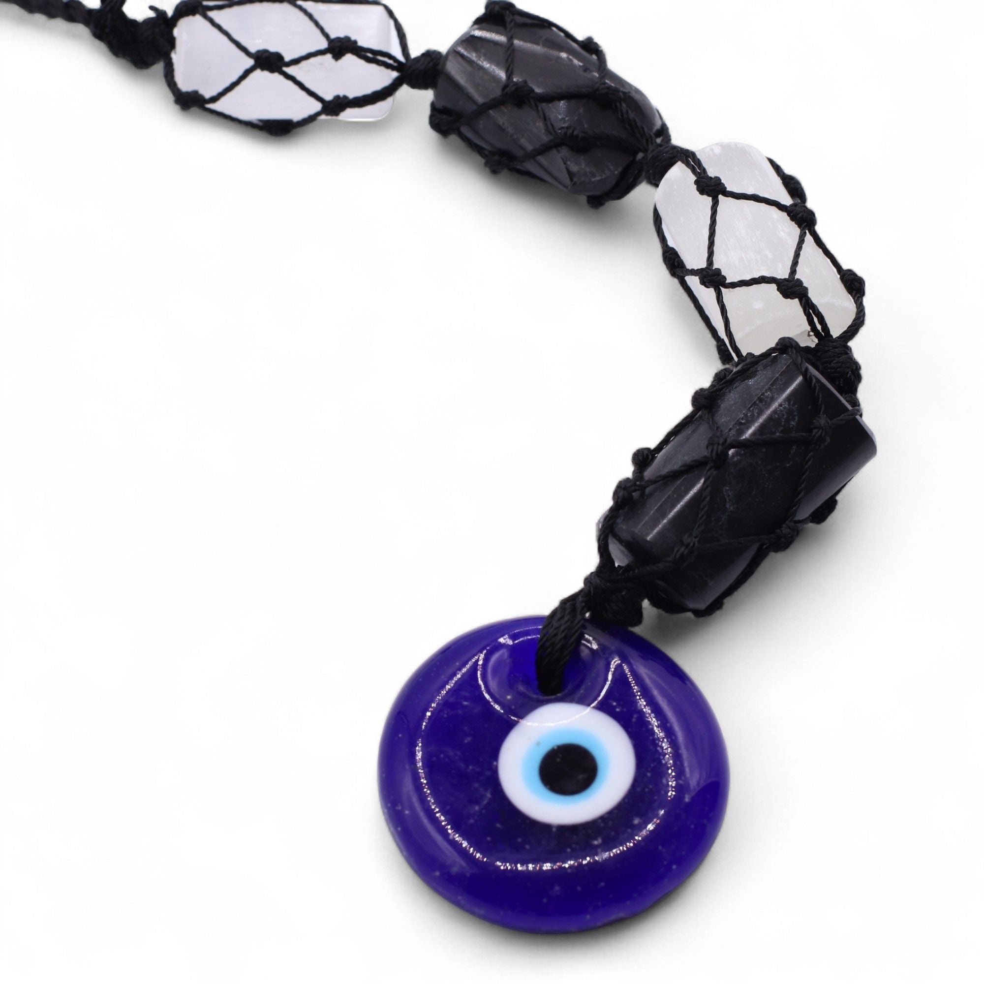 Evil Eye Black Tourmaline & Selenite Tumble Hanging Stone Pendant