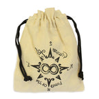 Beige drawstring bag with black text and symbols on a white background
