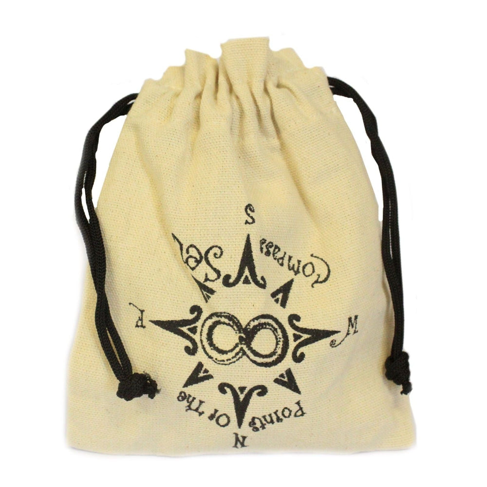 Beige drawstring bag with black text and symbols on a white background