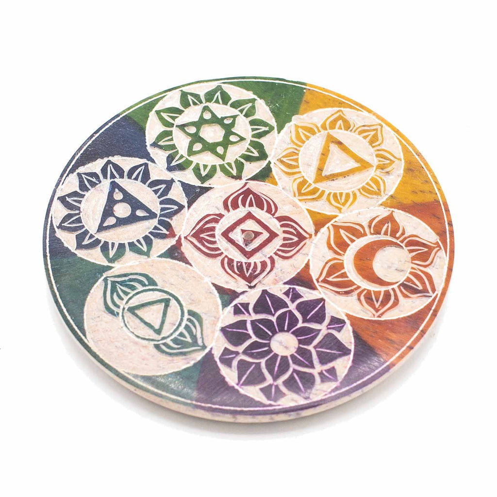Seven Chakra Soapstone Disc Incense Cone Holder 10cm