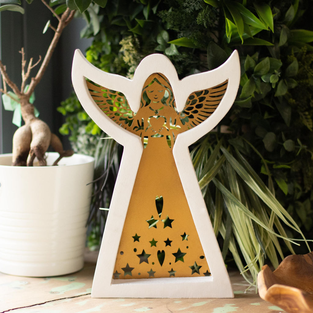 Whitewashed Mango Wood Angel Ornament with Iron Cut-Out