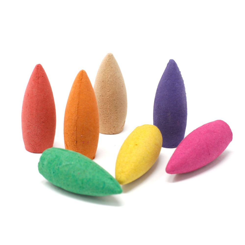 Set of colorful cone-shaped items on a white background