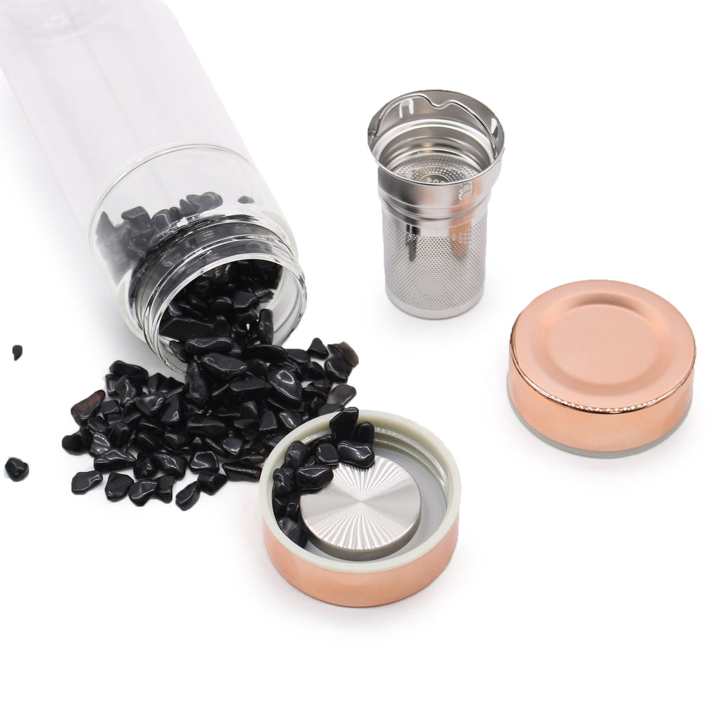 Rose Quartz Crystal Glass Tea Infuser Bottle | Rose Gold | 500ml