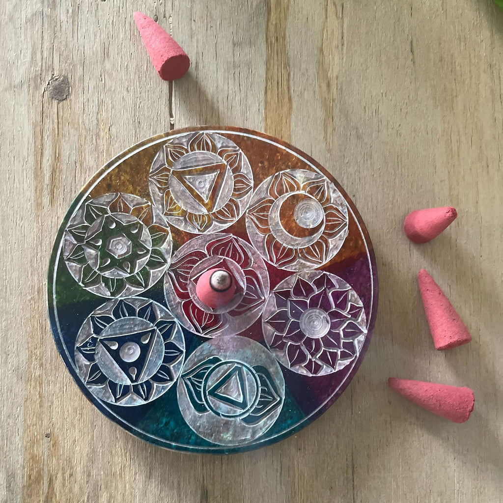 Seven Chakra Soapstone Disc Incense Cone Holder 10cm