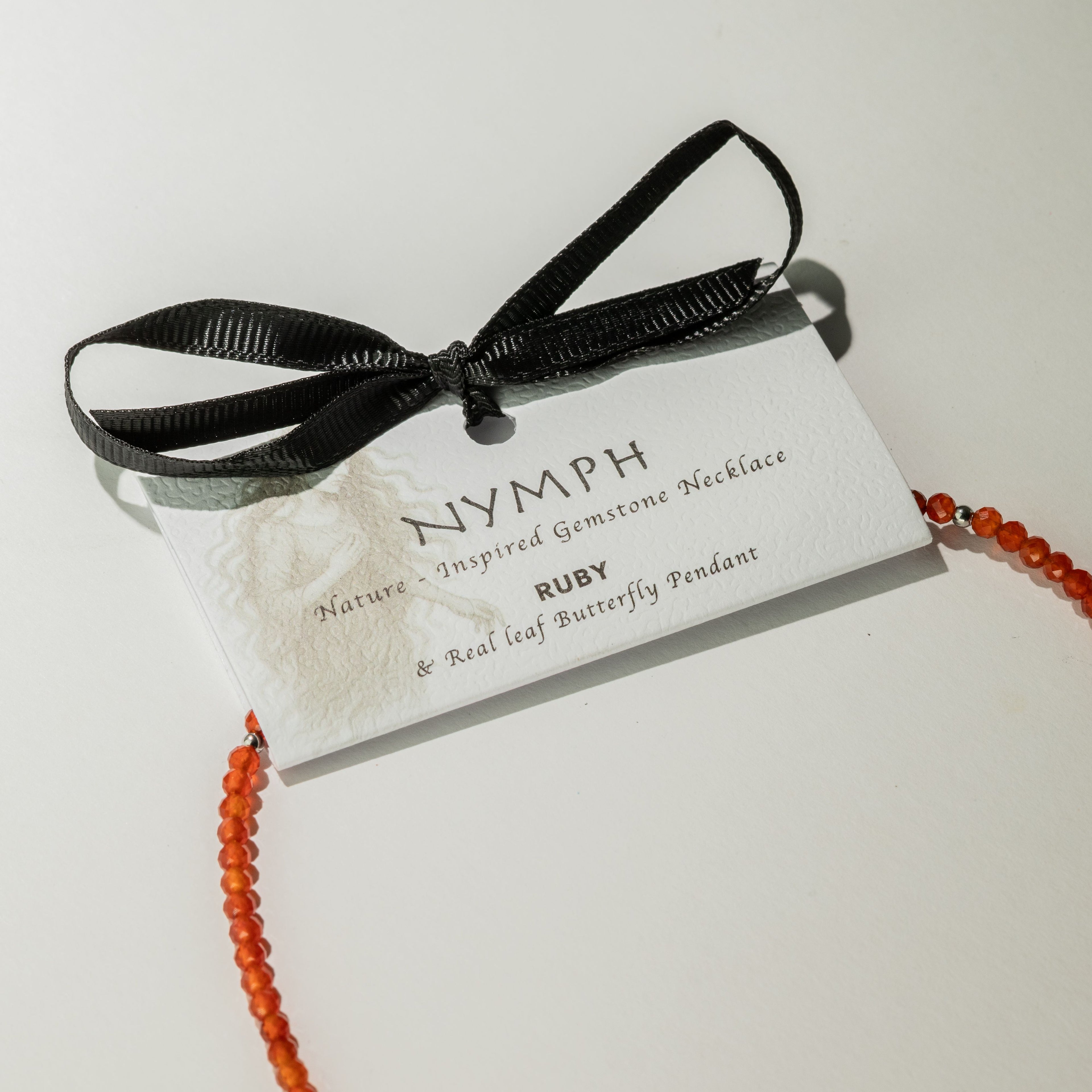 Nymph Ruby Gemstone Necklace with Real Leaf Butterfly Pendant