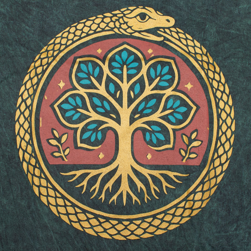 Nomad Sari Stonewashed Cotton T-Shirt - Tree of Life - Green - Large