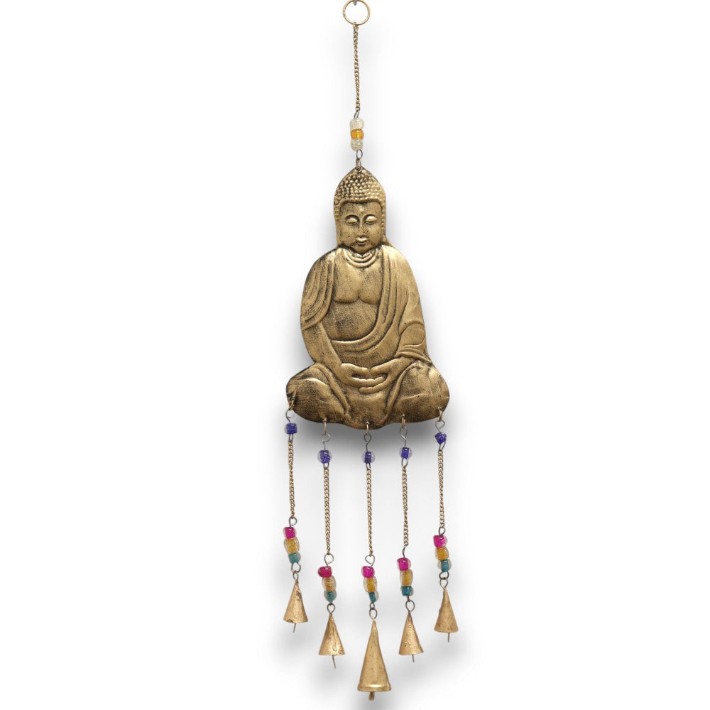 Decorative hanging with Buddha figure and colorful beads on a white background