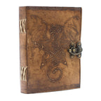 Decorative leather-bound book with dragon design and latch on a white background