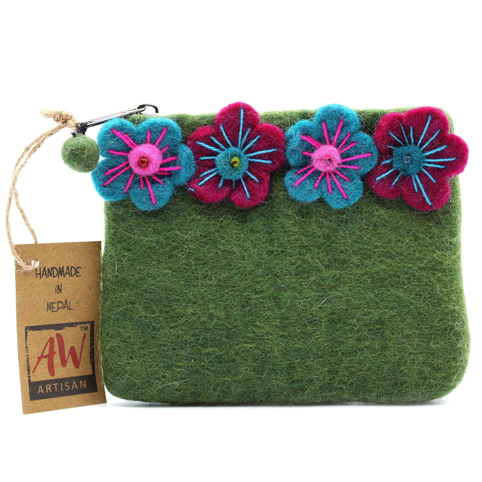 Four Flower Felt Zipper Pouch | Handmade Wool Pouch from Nepal