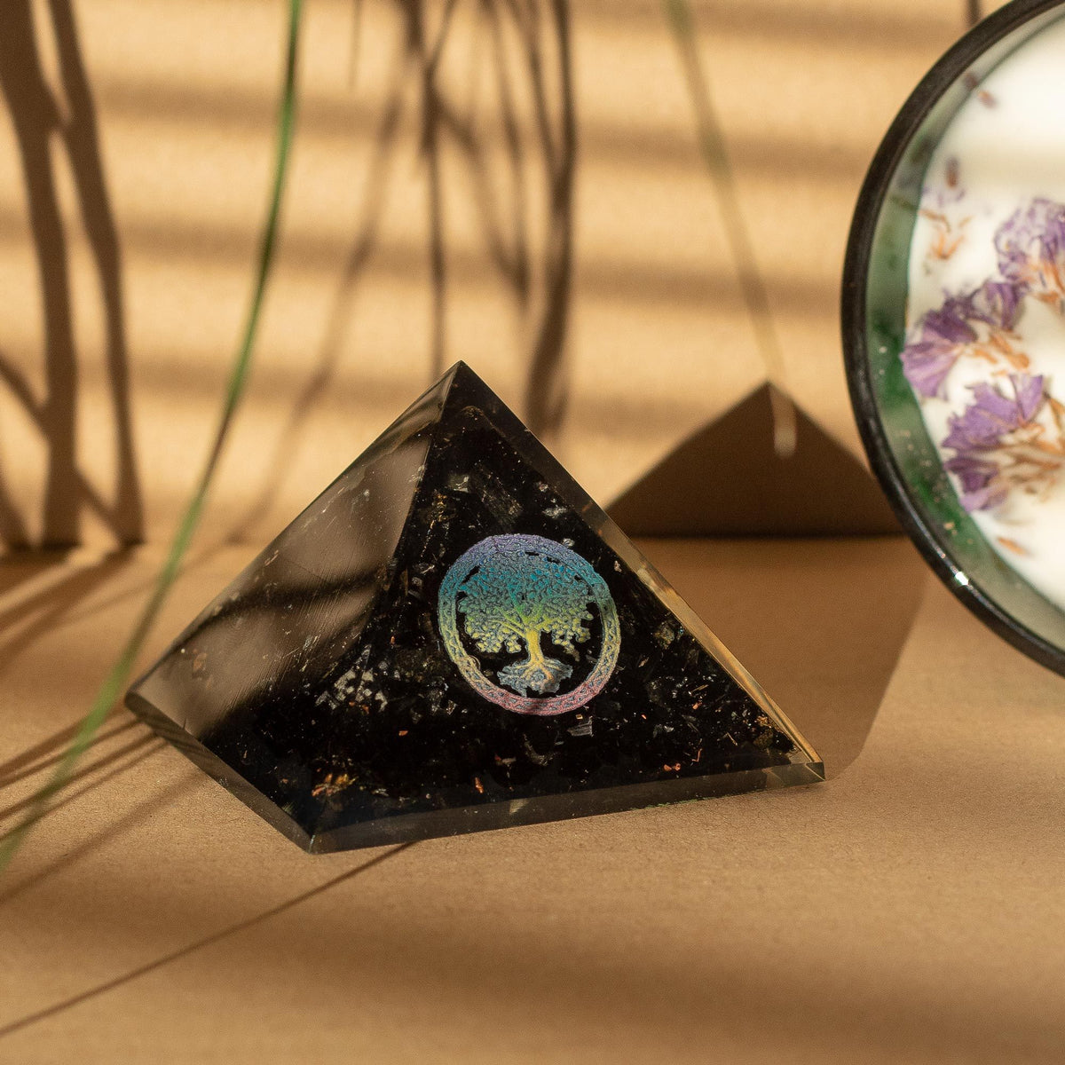 Small Tree of Life Orgonite Pyramid - Black Tourmaline Chips