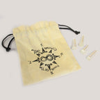 Beige drawstring pouch with black text and designs on a light gray background