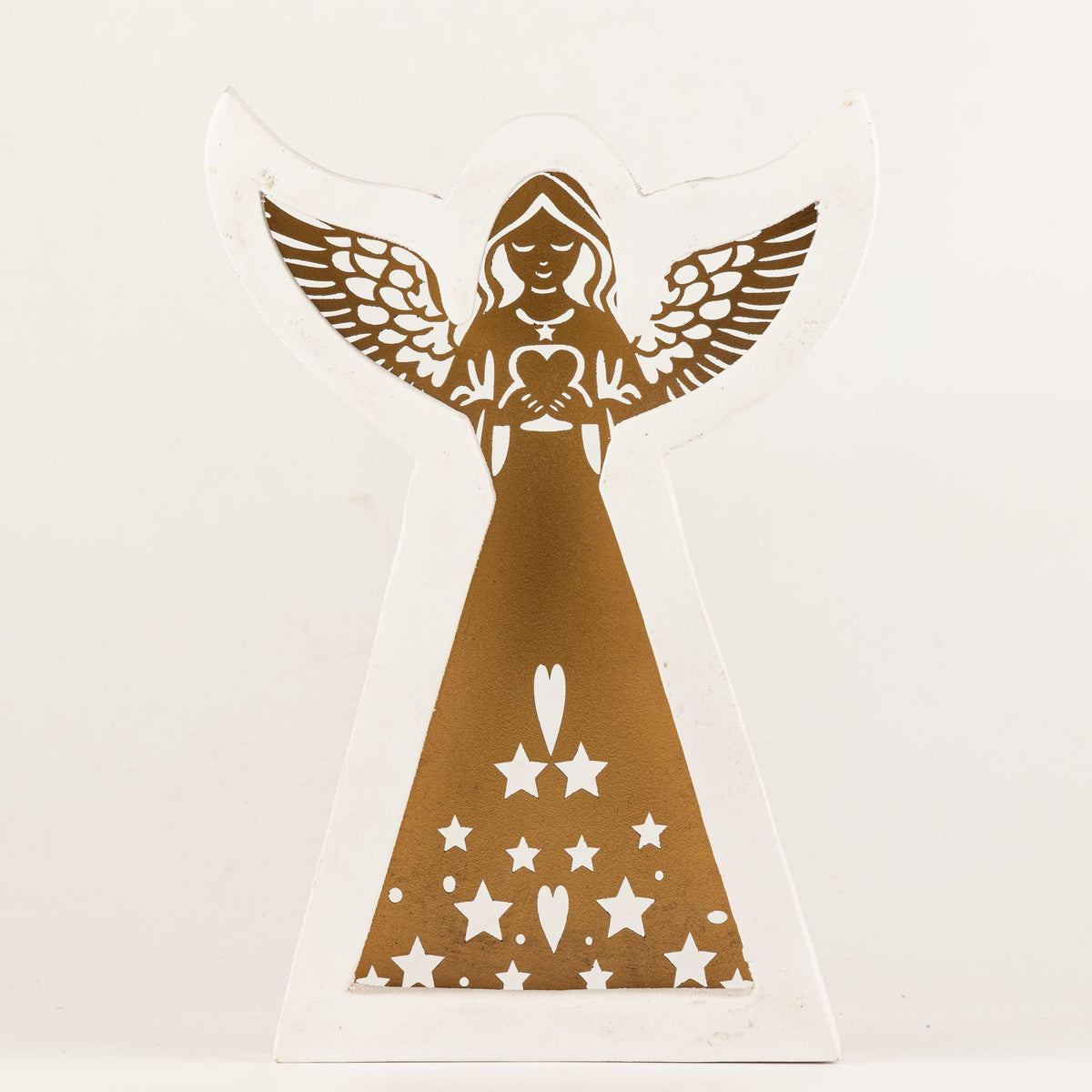 Whitewashed Mango Wood Angel Ornament with Iron Cut-Out