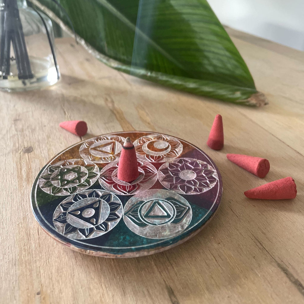 Seven Chakra Soapstone Disc Incense Cone Holder 10cm